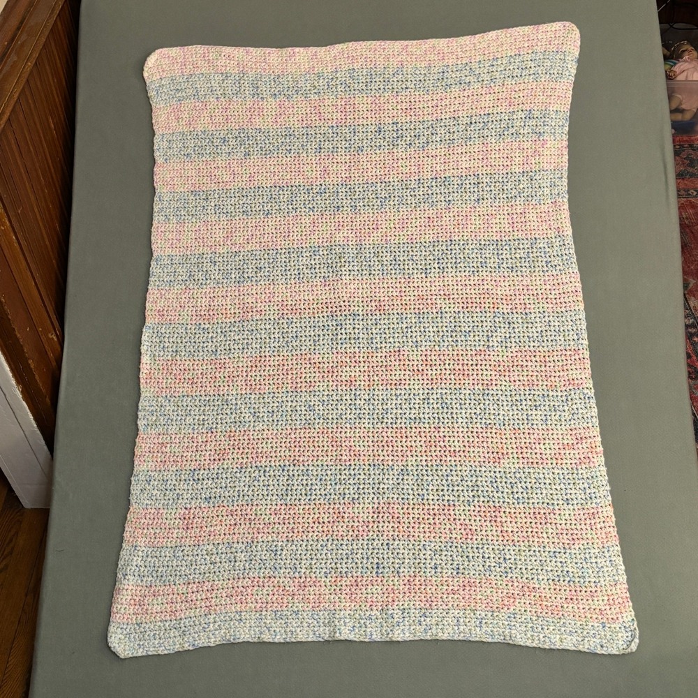 Handmade Pastel Crochet Baby Blanket Pink Blue Yellow White Striped 33.5 x 47.5‎